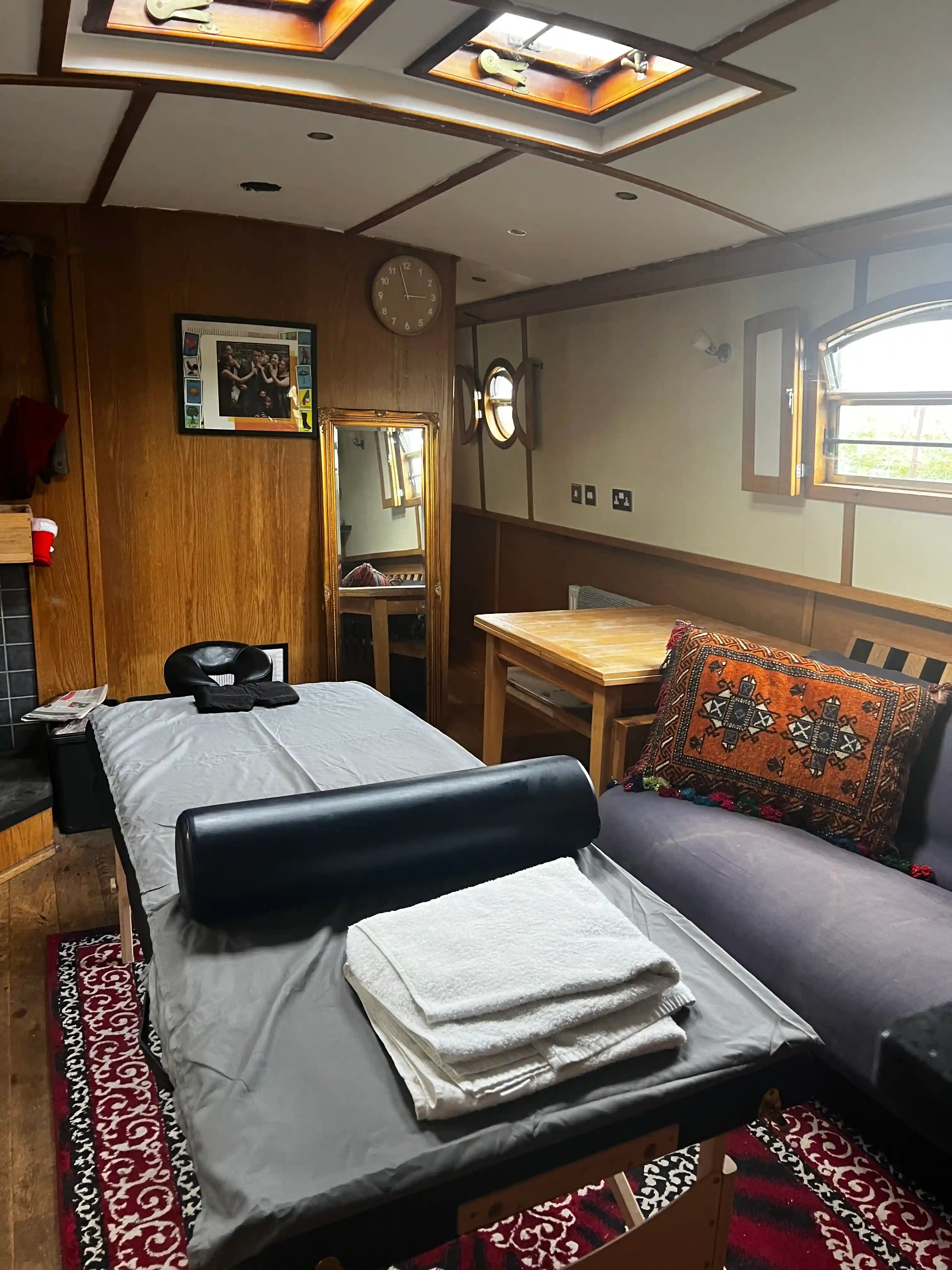 massage table set up in narrow boat